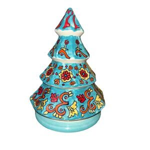 Folk Art Glazed Hand Painted Ceramic Christmas Tree Made In India Blue Floral